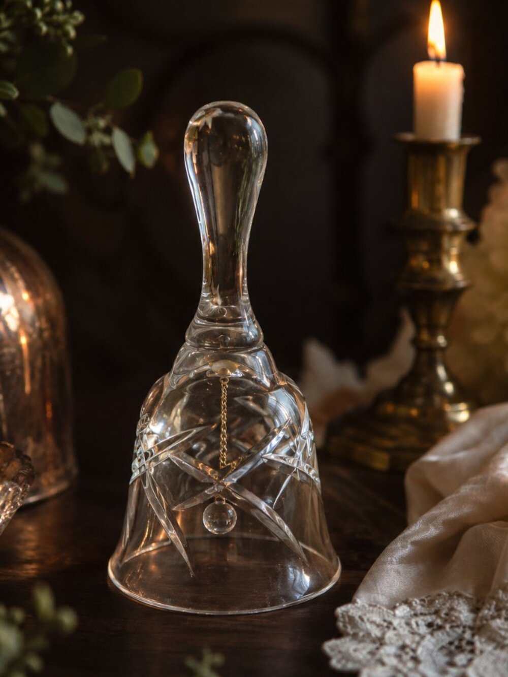 Vintage Cut Crystal Glass Bell w/ Clapper | Etched Clear Decorative Bell